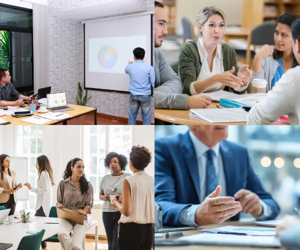 Collage of training sessions, team workshops and a presentation in front of a screen