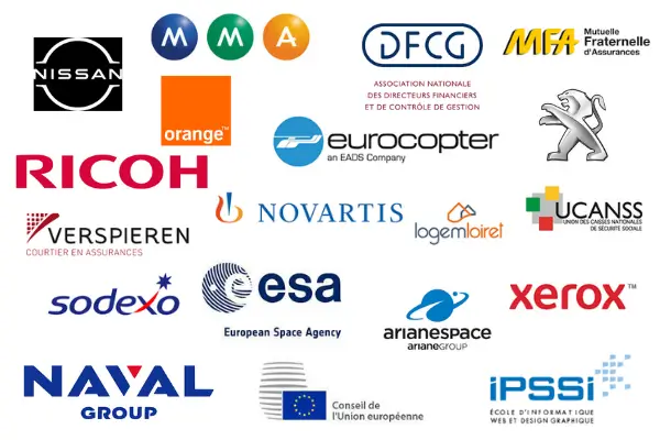 Logos of client organisations: Dassault Aviation, Novartis, Xerox, MACIF, Hiscox, Malakoff Humanis and others